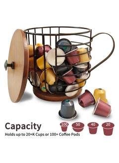 LKTOCAFT Coffee Pod Holder with Wooden Base and Lid, Metal Coffee Pod Basket Compatible with Nespresso Vertuo Pods and Capsules, Cup Holder and Coffee Pod Storage, Coffee Bar Decor  - Image 2
