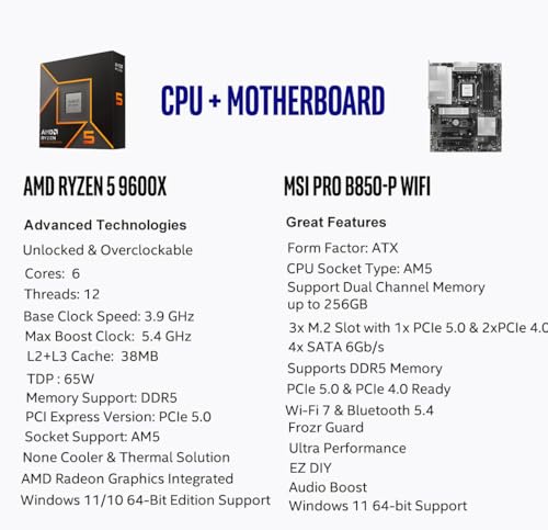 Micro Center AMD Ryzen 5 9600X CPU Processor with MSI PRO B850-P WiFi Motherboard (ATX, AM5, DDR5, PCIe 5.0, M.2 Gen5, Wi-Fi 7, 5G LAN) - Image 2