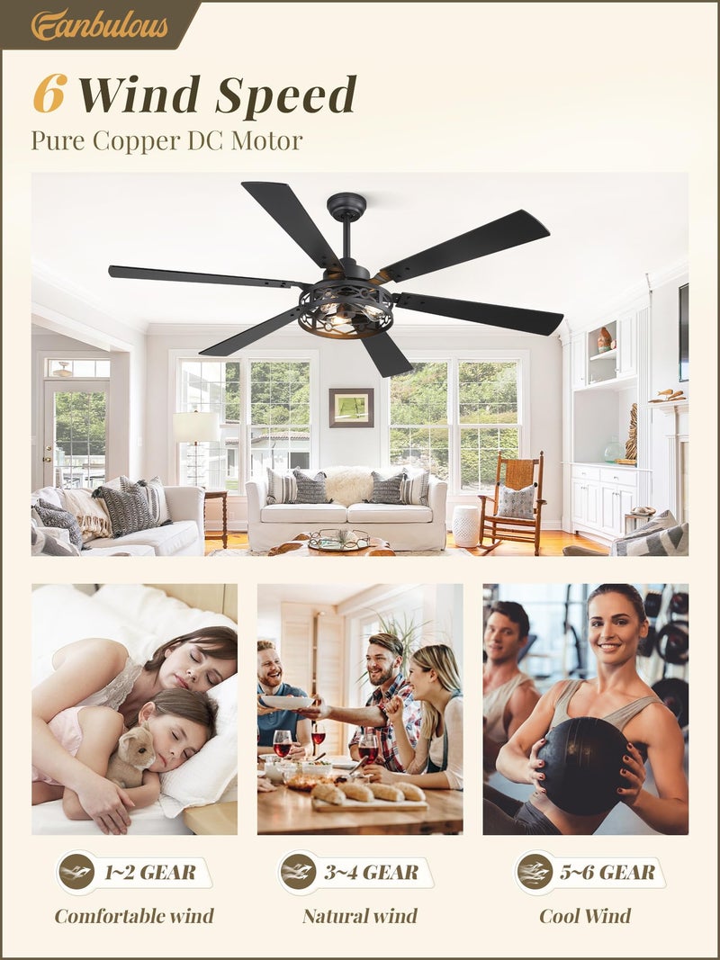Fanbulous 65 Inch Ceiling Fan with Lights, Farmhouse Caged Ceiling Fans with Remote, Black Industrial Ceiling Fans with Quiet Reversible DC Motor, Large Ceiling Fan for Living room, Bedroom - Image 4