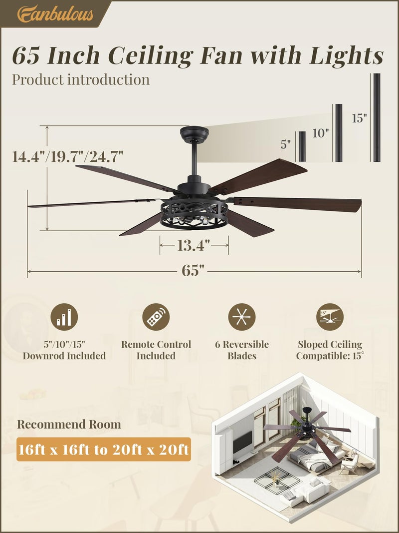 Fanbulous 65 Inch Ceiling Fan with Lights, Farmhouse Caged Ceiling Fans with Remote, Black Industrial Ceiling Fans with Quiet Reversible DC Motor, Large Ceiling Fan for Living room, Bedroom - Image 5