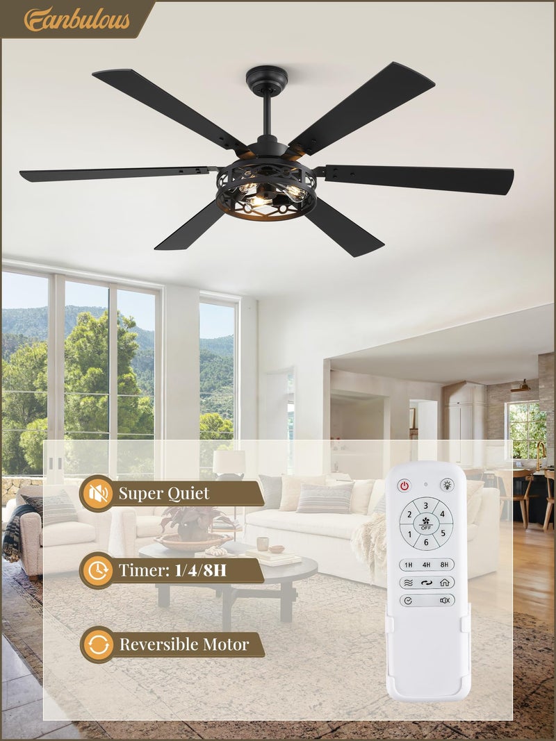 Fanbulous 65 Inch Ceiling Fan with Lights, Farmhouse Caged Ceiling Fans with Remote, Black Industrial Ceiling Fans with Quiet Reversible DC Motor, Large Ceiling Fan for Living room, Bedroom - Image 2