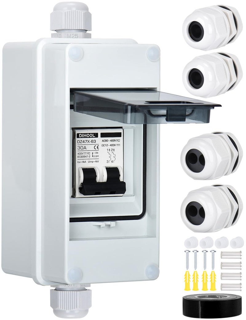 DIHOOL Solar Panel Disconnect Switch with IP65 Din Box 30 Amp Dual Pole 12V400V Non Polarized AC DC Miniature Circuit Breaker PV Array Shut Off Isolator - Image 2