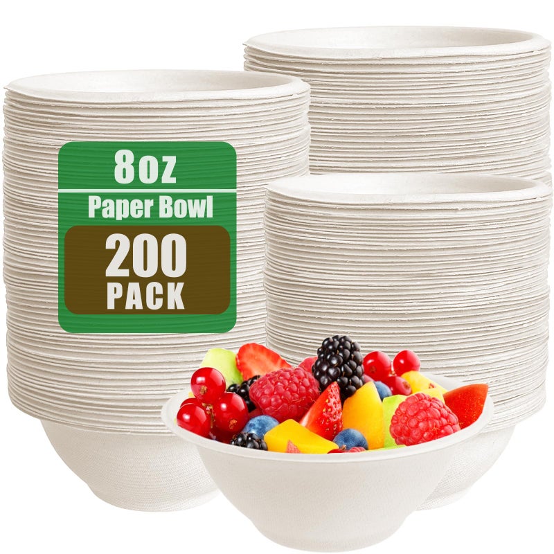 Tiaiidi 200 PACK White Paper Bowls,8 oz Compostable Disposable Bagasse Bowls,Heavy-Duty Biodegradable Paper Bowls,Eco-Friendly Sugarcane Fibers Bowls for Salad,Cereals,Snacks,Dessert,Candy - Image 1