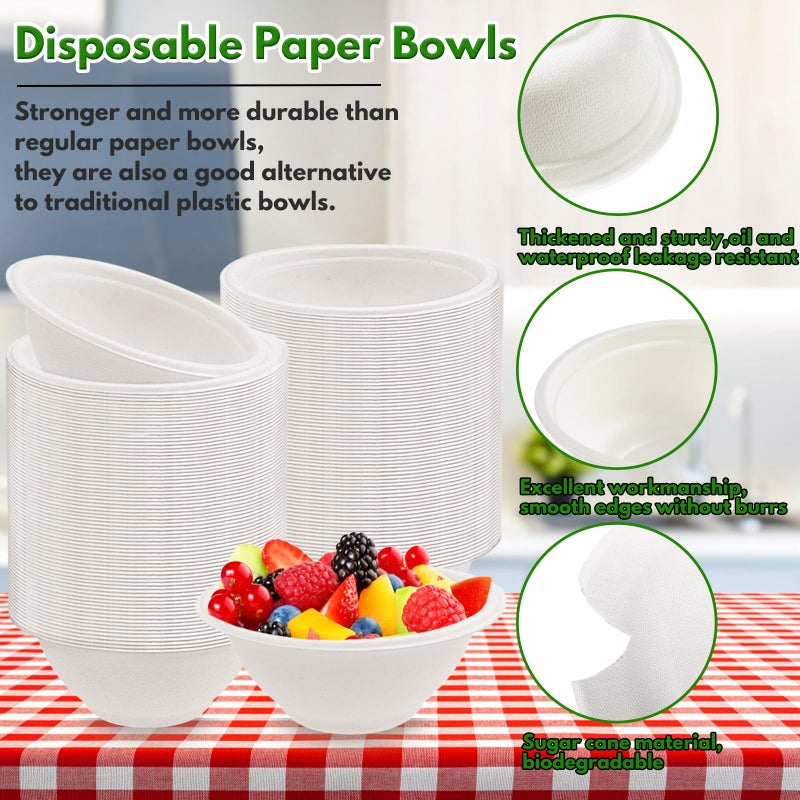 Tiaiidi 200 PACK White Paper Bowls,8 oz Compostable Disposable Bagasse Bowls,Heavy-Duty Biodegradable Paper Bowls,Eco-Friendly Sugarcane Fibers Bowls for Salad,Cereals,Snacks,Dessert,Candy - Image 3
