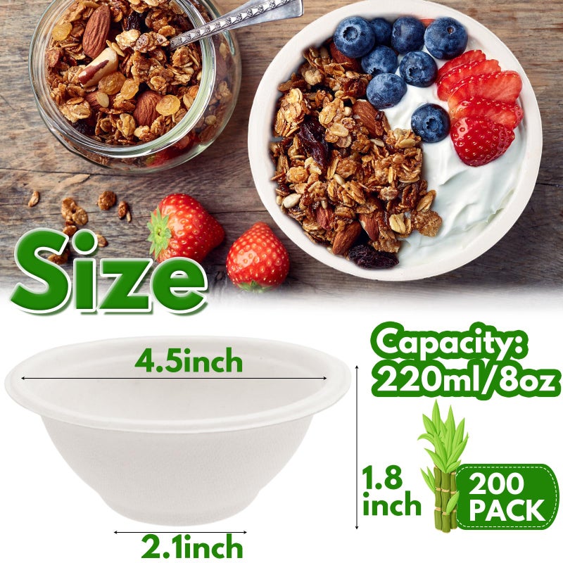 Tiaiidi 200 PACK White Paper Bowls,8 oz Compostable Disposable Bagasse Bowls,Heavy-Duty Biodegradable Paper Bowls,Eco-Friendly Sugarcane Fibers Bowls for Salad,Cereals,Snacks,Dessert,Candy - Image 2