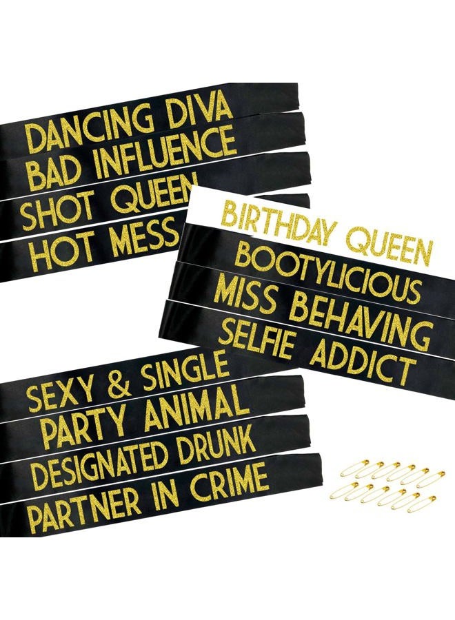 12 Pack Queen Sashes for Women - Birthday Squad Sash Set, Funny Gifts Sashes for Women's Birthday Party Supplies (Black + White + Gold Glitter Letters) - Image 1