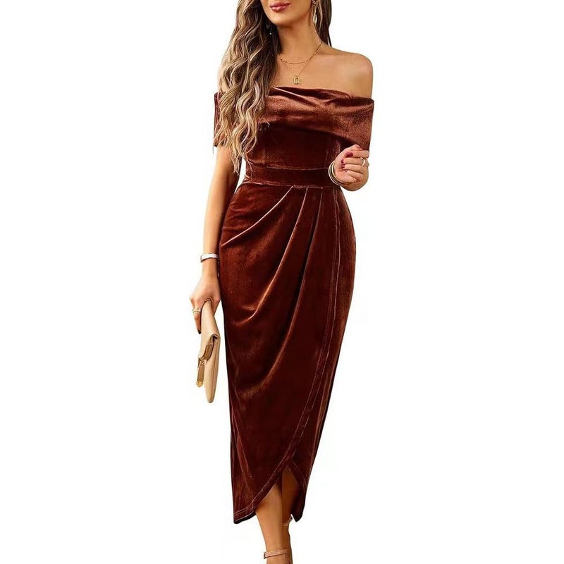 Sumleno Off The Shoulder Vintage Velvet Bodycon Midi Dress for Women Wrap Slit Elegant Cocktail Party Evening Pencil Dress (M,Brown) - Image 1