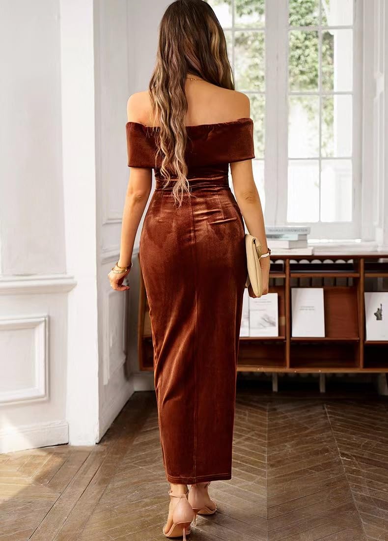 Sumleno Off The Shoulder Vintage Velvet Bodycon Midi Dress for Women Wrap Slit Elegant Cocktail Party Evening Pencil Dress (M,Brown) - Image 3