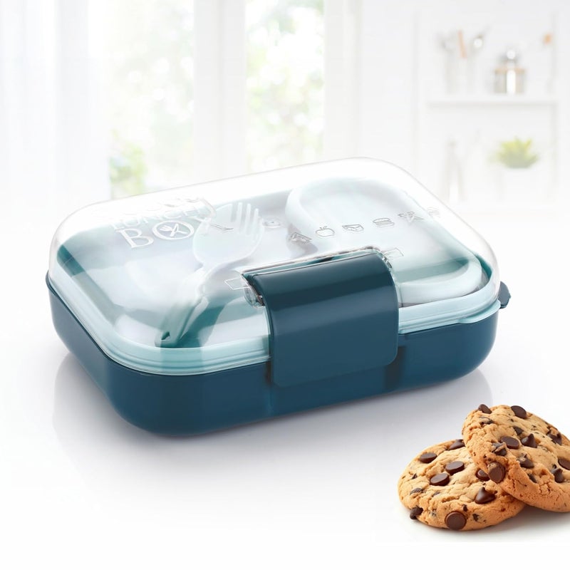 ATTRO Food Bite Kids Plastic Lunch Box 3 Compartments, 1 Small Container & Spoon, with Stylish Lid BPA-Free, Freezer Safe, Ideal for School, Travel & Outdoor - Blue, 500 ml - Image 1