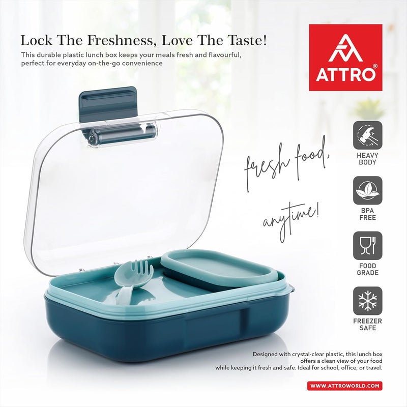 ATTRO Food Bite Kids Plastic Lunch Box 3 Compartments, 1 Small Container & Spoon, with Stylish Lid BPA-Free, Freezer Safe, Ideal for School, Travel & Outdoor - Blue, 500 ml - Image 3