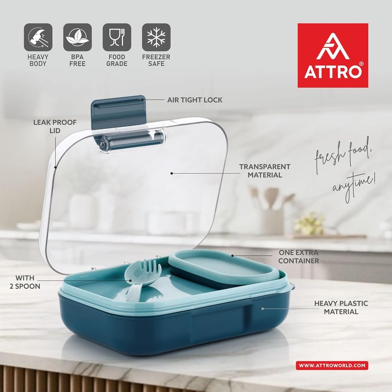 ATTRO Food Bite Kids Plastic Lunch Box 3 Compartments, 1 Small Container & Spoon, with Stylish Lid BPA-Free, Freezer Safe, Ideal for School, Travel & Outdoor - Blue, 500 ml - Image 2