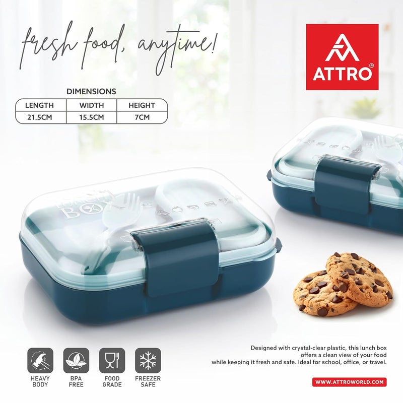 ATTRO Food Bite Kids Plastic Lunch Box 3 Compartments, 1 Small Container & Spoon, with Stylish Lid BPA-Free, Freezer Safe, Ideal for School, Travel & Outdoor - Blue, 500 ml - Image 4