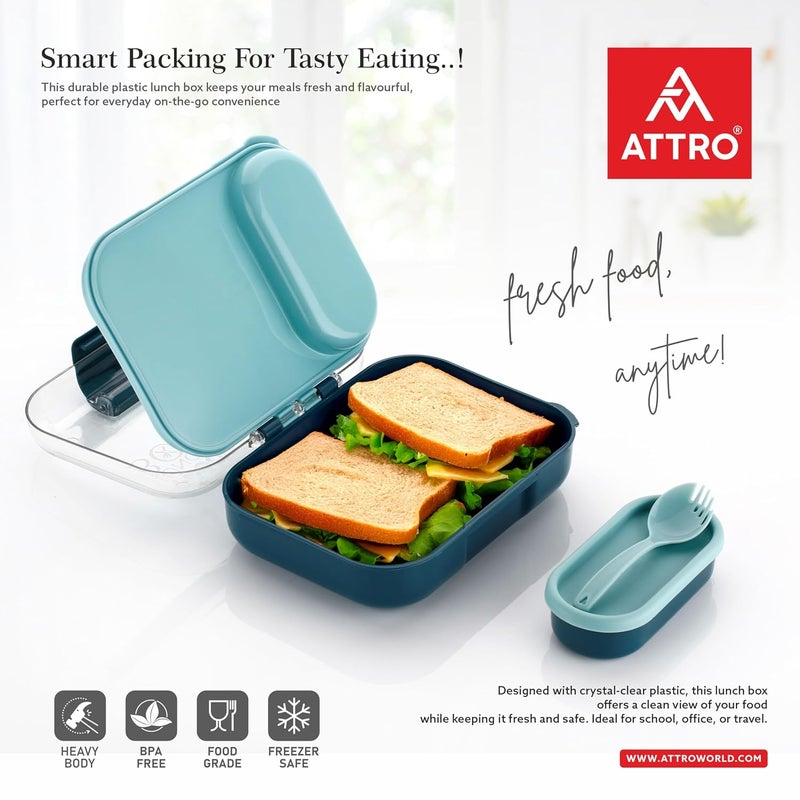 ATTRO Food Bite Kids Plastic Lunch Box 3 Compartments, 1 Small Container & Spoon, with Stylish Lid BPA-Free, Freezer Safe, Ideal for School, Travel & Outdoor - Blue, 500 ml - Image 5