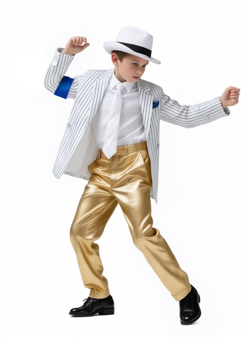 general Boys Michael Jackson Cosplay Costume, Striped Blazer Gold Pants with Fedora Hat & Tie, Kids Pop Star Stage Performance Outfit - Image 2