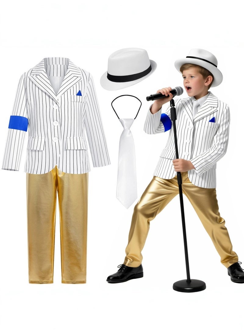 general Boys Michael Jackson Cosplay Costume, Striped Blazer Gold Pants with Fedora Hat & Tie, Kids Pop Star Stage Performance Outfit - Image 3