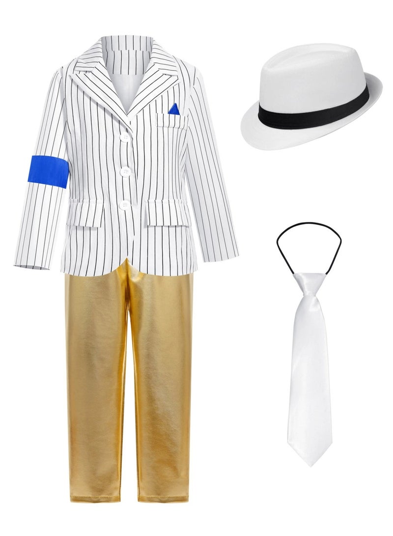 general Boys Michael Jackson Cosplay Costume, Striped Blazer Gold Pants with Fedora Hat & Tie, Kids Pop Star Stage Performance Outfit - Image 1