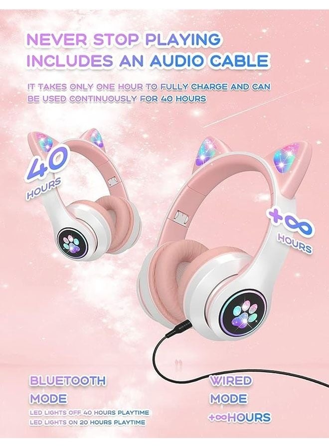 Arabest Cat Ear Headphones Wireless/Wired On-Ear Stereo Headset with Microphone LED Light FM Radio Wireless Headphones for Kids Girls Boys Phone TV - Image 4