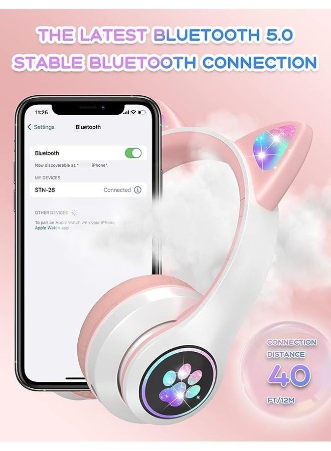 Arabest Cat Ear Headphones Wireless/Wired On-Ear Stereo Headset with Microphone LED Light FM Radio Wireless Headphones for Kids Girls Boys Phone TV - Image 5