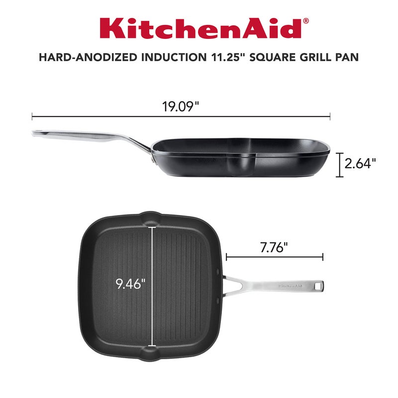 KitchenAid Hard Anodized Induction Nonstick Square Grill Pan/Griddle with Pouring Spouts, 11.25 Inch, Matte Black - Image 2