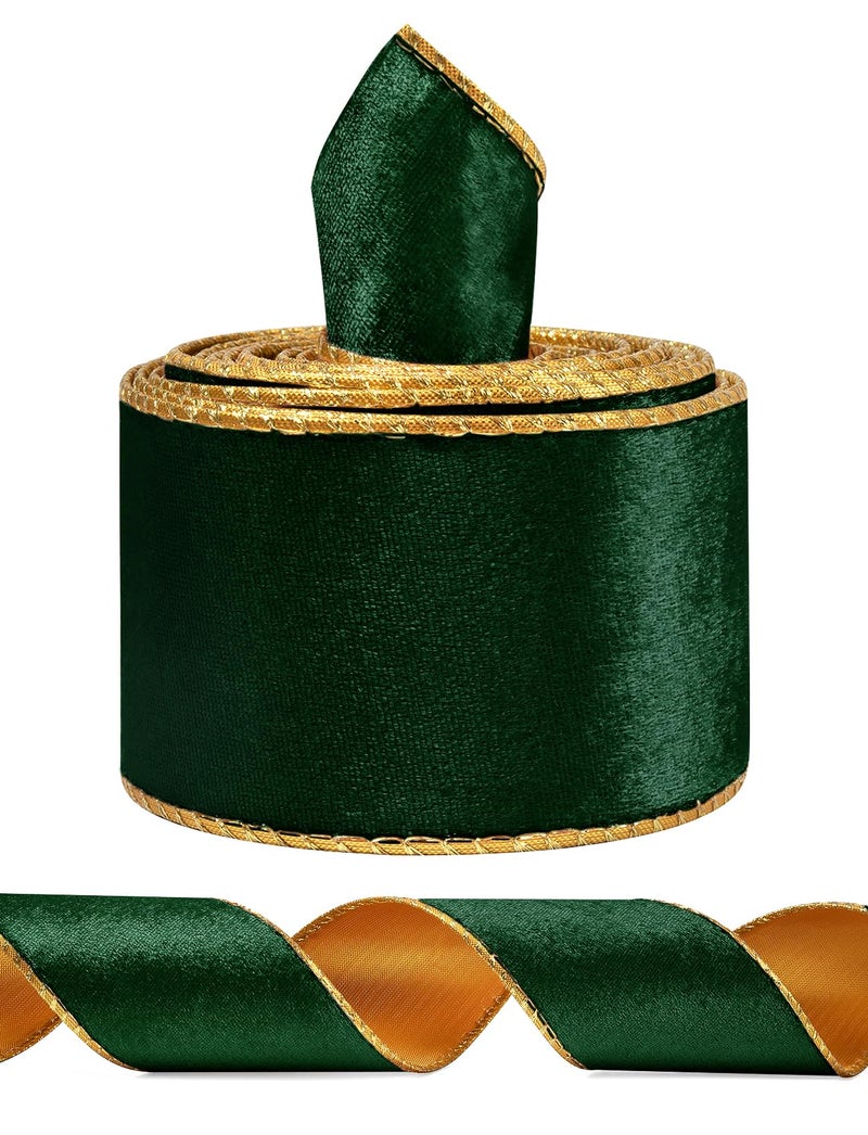 Green Wide Velvet Ribbon Wired for Christmas Tree Garland Wreath 25 Inch 5 Yards