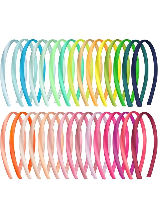 Duufin 30 Pieces Satin Headbands 1cm Colorful Headband Girls DIY Craft Headbands Satin Covered Headband for Girls - Image 1