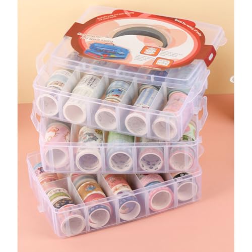 HomDSim Washi Tape Box Organizer Storage,Divider Closet Container,with 30 Adjustable Compartments,Clear,Masking Tape Desktop Tape DIY Sticker Roll Tape Cutter Holder Storage,Finger Safty Dispenser - Image 5