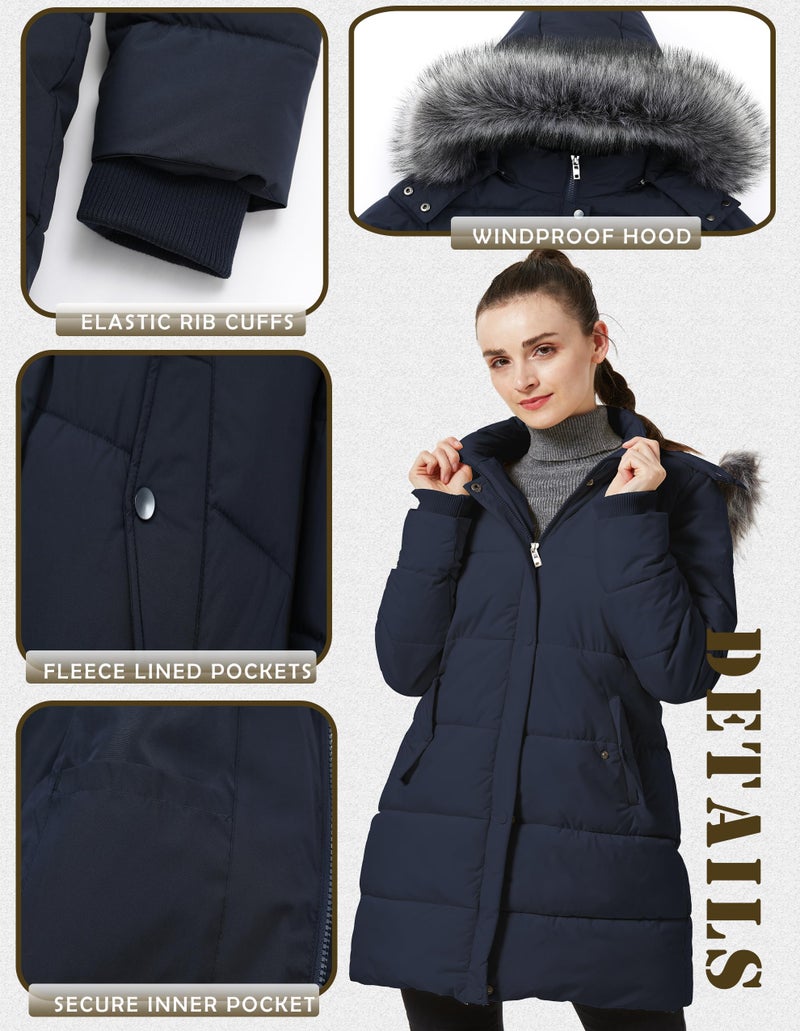 GGleaf Women's Winter Snow Jacket Puffer Coat With Removable Faux Fur Trim and Hood Navy Large - Image 4