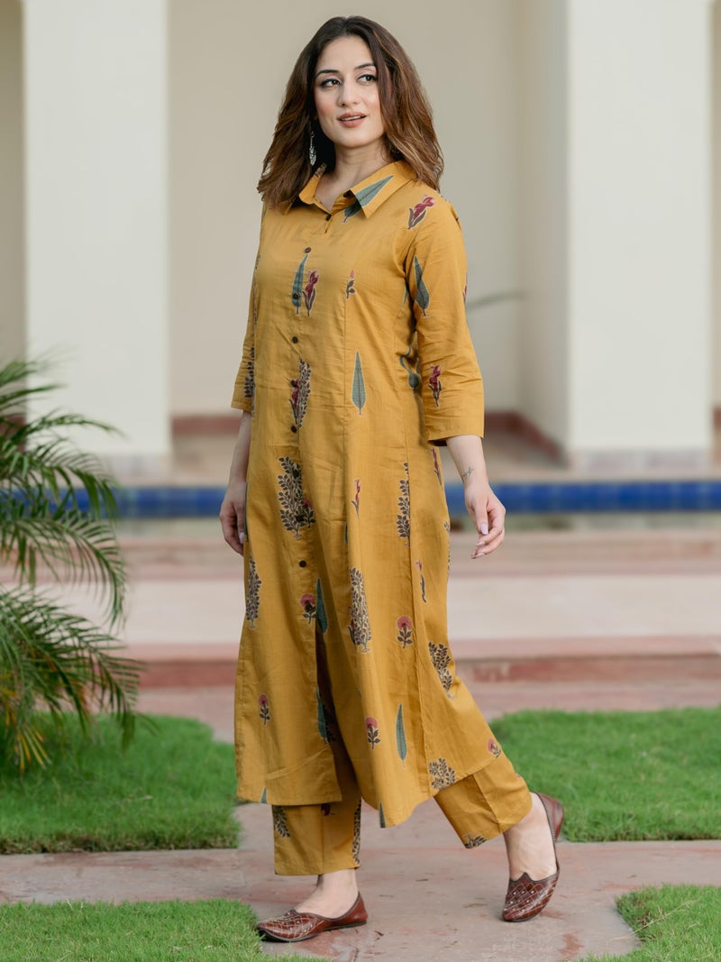 Arayna Women’s Pure Cotton Printed A-Line Kurta Set with Pants | Button-Down Collar Kurta, Mustard Yellow, Medium - Image 3