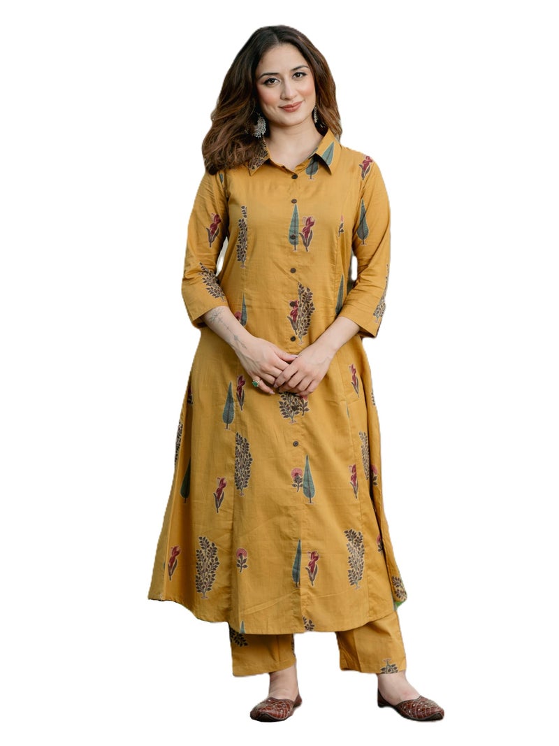 Arayna Women’s Pure Cotton Printed A-Line Kurta Set with Pants | Button-Down Collar Kurta, Mustard Yellow, Medium - Image 1