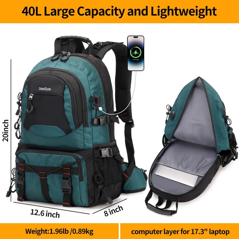 NerIion Nerlion 40L Hiking Backpack Travel Backpack for Men Women Camping Waterproof Outdoor Hiking Daypack Lightweight Backpack (Dark Green) - Image 5