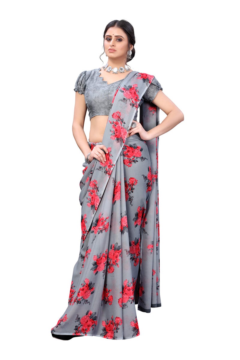 Yashika Womens Printed Georgette Saree With Blouse Piece(JALSA GREY) - Image 4