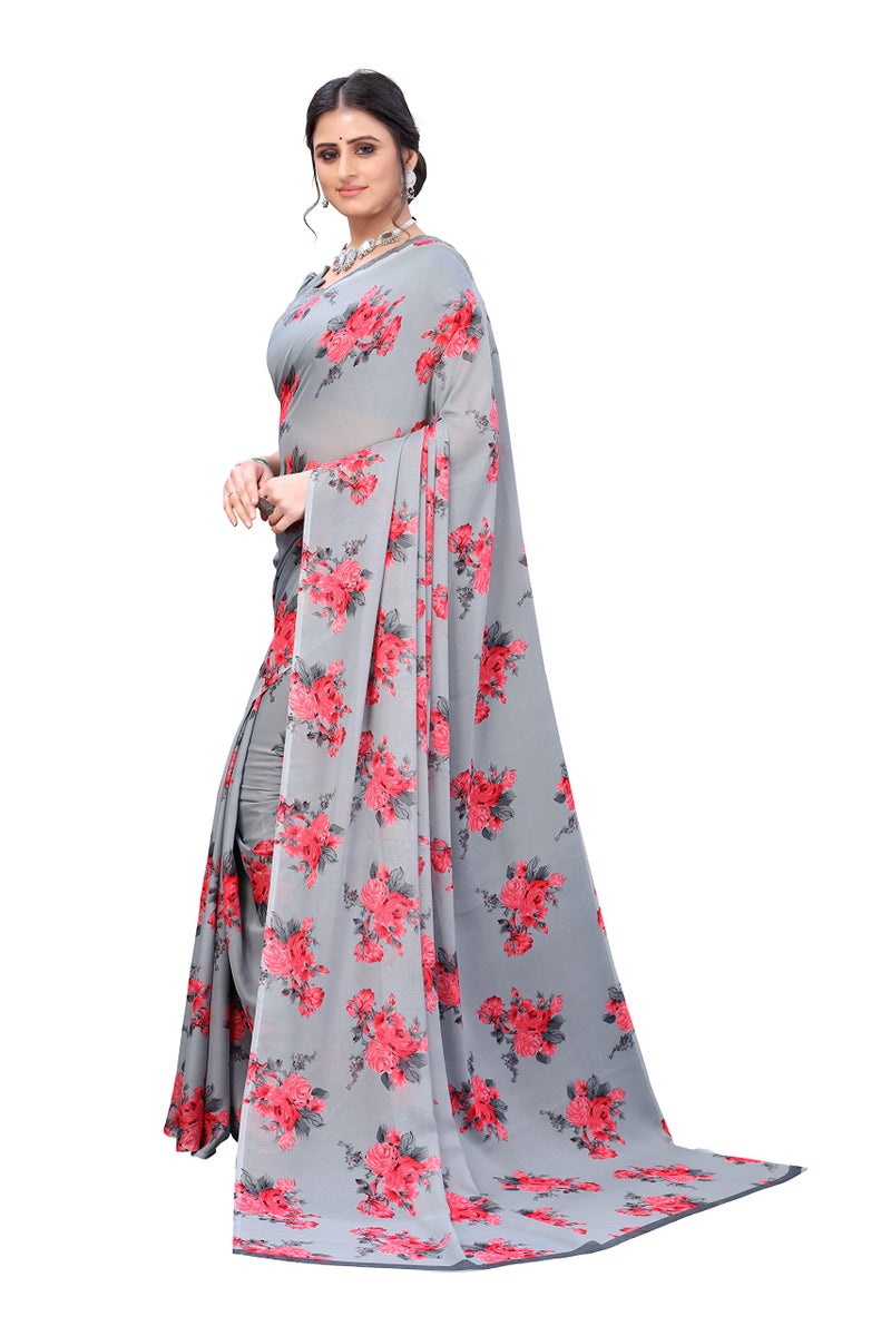 Yashika Womens Printed Georgette Saree With Blouse Piece(JALSA GREY) - Image 2
