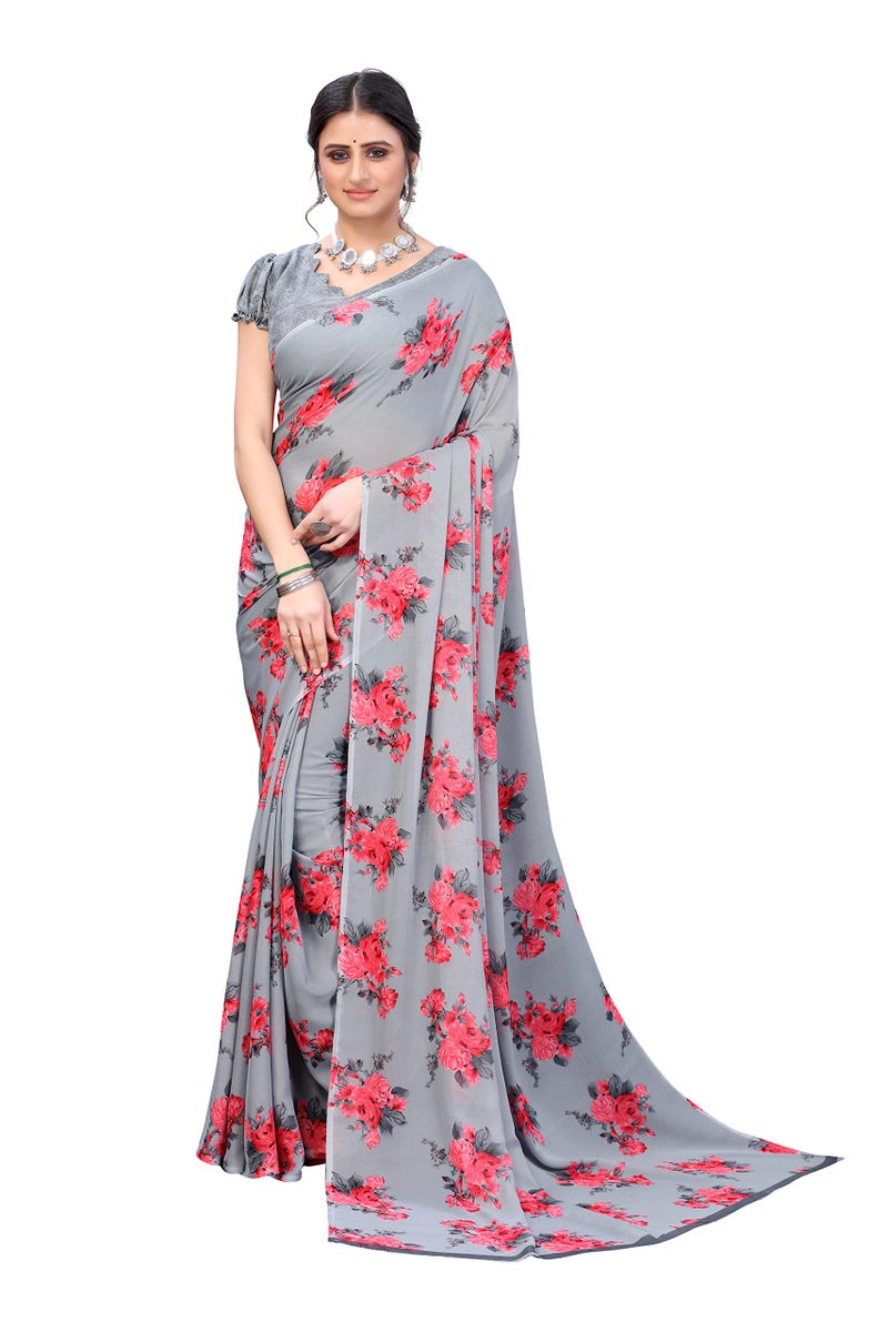 Yashika Womens Printed Georgette Saree With Blouse Piece(JALSA GREY) - Image 1