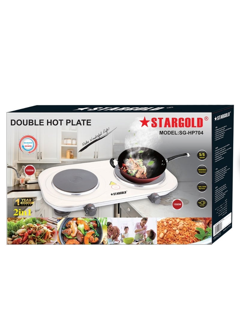 Stargold Electric Double Burner Hot Plate, 1000W and 1500W Dual Burner, Stainless Steel, Variable Temperature Control - Image 2