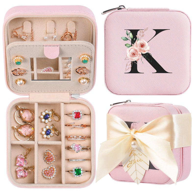 AYGXU birthday gifts for women,Small Jewelry Box for Girls,Jewelry Box,Small Jewelry Organizer Box,Necklace Earrings Ring Organizer,Travel Gifts for Women Travel Essentials,Initial K pink - Image 1