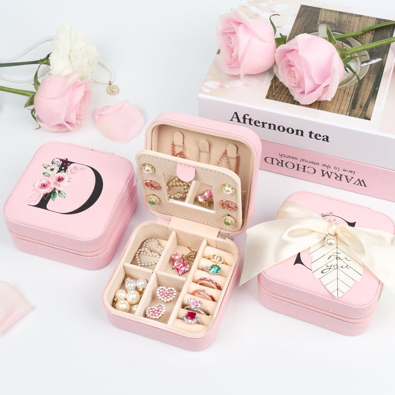 AYGXU birthday gifts for women,Small Jewelry Box for Girls,Jewelry Box,Small Jewelry Organizer Box,Necklace Earrings Ring Organizer,Travel Gifts for Women Travel Essentials,Initial K pink - Image 2