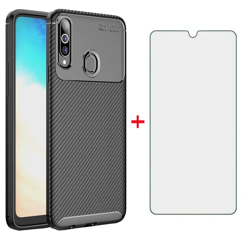 Phone Case for Samsung Galaxy A20s with Tempered Glass Screen Protector Cover and Cell Accessories Slim Thin Rugged Soft TPU Silicone Carbon Fiber Glaxay A 20s Plus Gaxaly A207M Women Men Cases Black
