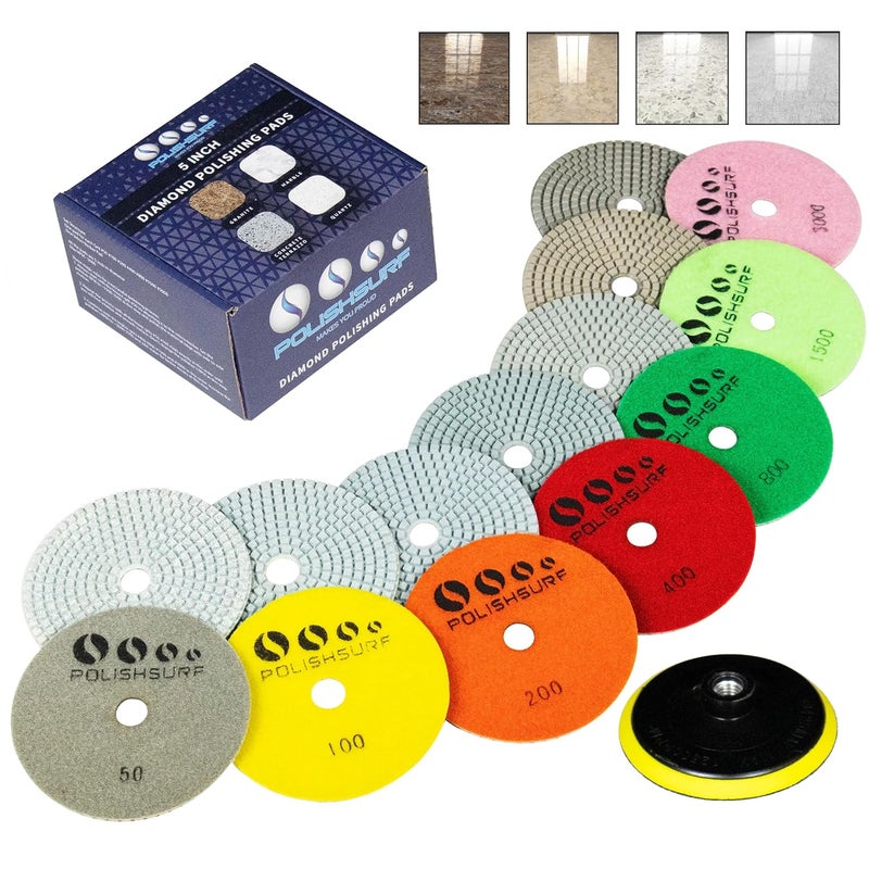 POLISHSURF Diamond Polishing Pads 5 Inch Wet Dry Set 8 Pieces for Marble Quartz Stone Countertop Granite Concrete Polishing - Image 1