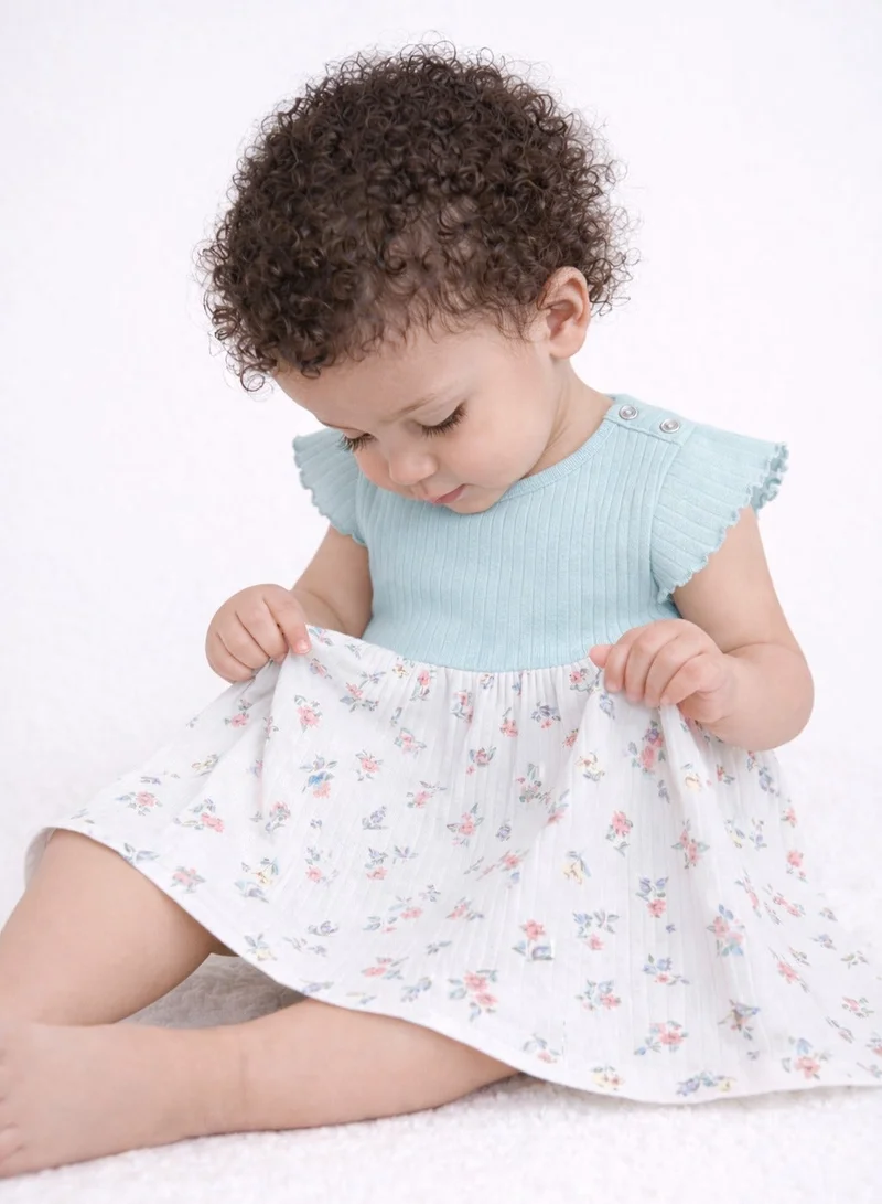 victor and jane Infant Girls Drop Needle Dress with Floral Print Skirt (Mint Stripe Top)