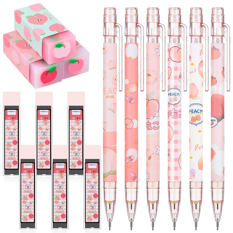 Sabary 15 Pcs Kawaii Mechanical Pencil Set First School Gift Pen Include Peach Mechanical Pencils with Tubes Pencil Refills Cute Juice Peach Eraser School Supplies for Sketching Architecture Drawing (0.7 MM) - Image 1