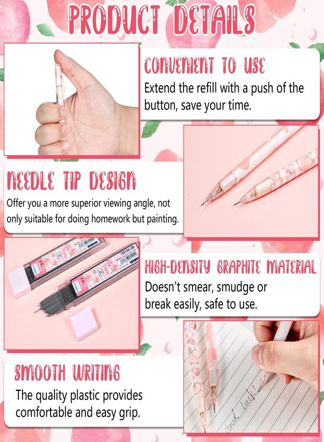 Sabary 15 Pcs Kawaii Mechanical Pencil Set First School Gift Pen Include Peach Mechanical Pencils with Tubes Pencil Refills Cute Juice Peach Eraser School Supplies for Sketching Architecture Drawing (0.7 MM) - Image 3