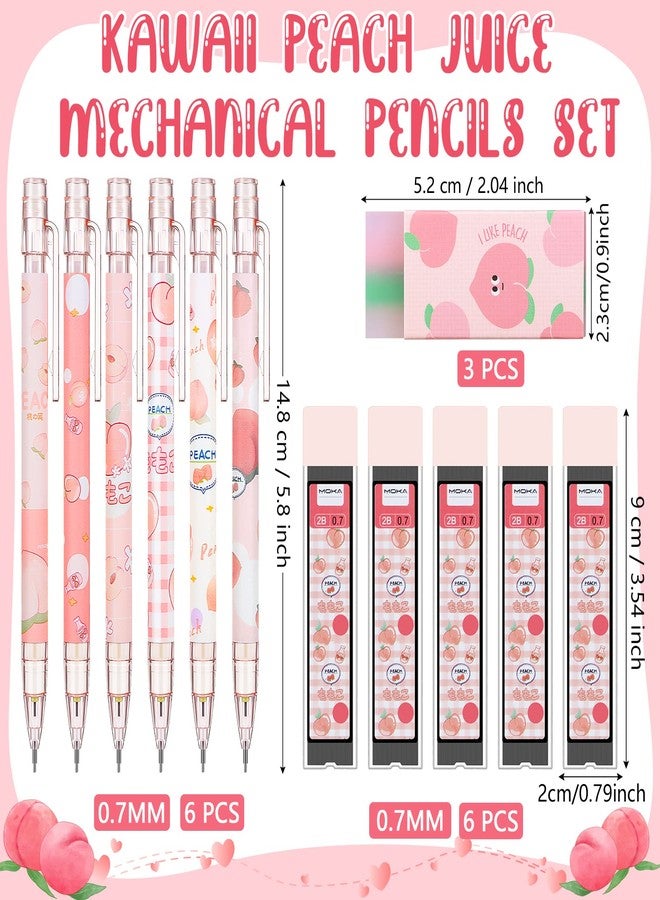 Sabary 15 Pcs Kawaii Mechanical Pencil Set First School Gift Pen Include Peach Mechanical Pencils with Tubes Pencil Refills Cute Juice Peach Eraser School Supplies for Sketching Architecture Drawing (0.7 MM) - Image 2
