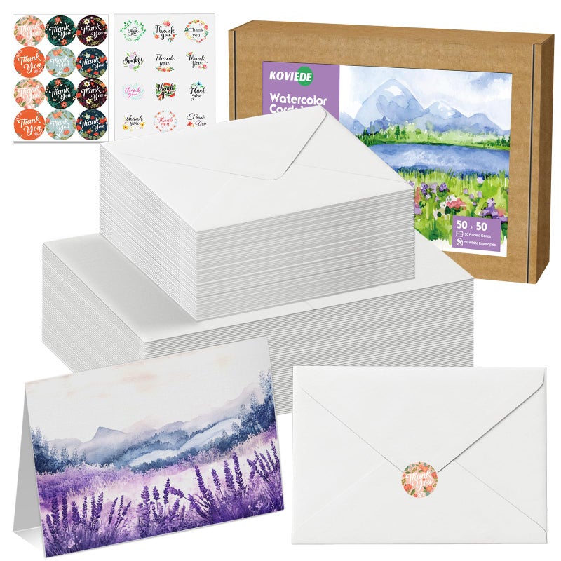 KOVIEDE 50 Pack Foldable Blank Watercolor Cards with Envelopes 4 x 6 Inch, 140lb Heavyweight, 100% Cotton, White, Acid-Free Water color Cards to Paint or Cards Making for Christmas Birthday - Image 1