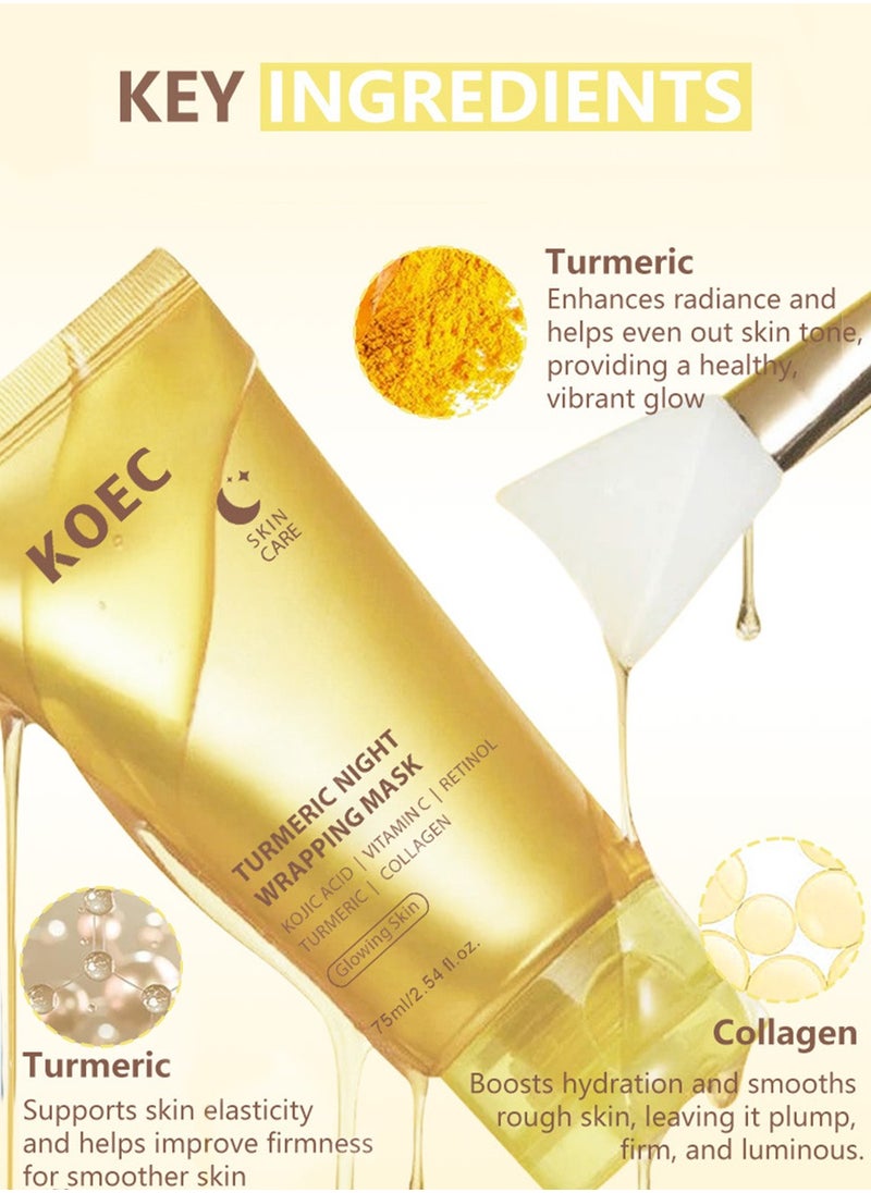 KOEC - Turmeric Overnight Wrapping Peel Off Mask with Applicator ,Nourishes Dull with Hydrolyzed Collagen for Glowing Skin & Improved Elasticity,75ml - Image 1