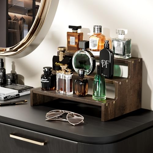 ProCase Wooden Cologne Organizer for Men 3 Tier Perfume Organizer Mens Cologne Stand Holder Storage Display Riser Shelf Rack for Fragrances Candles Cosmetics Cupcake Figure Spice Brown - Image 3