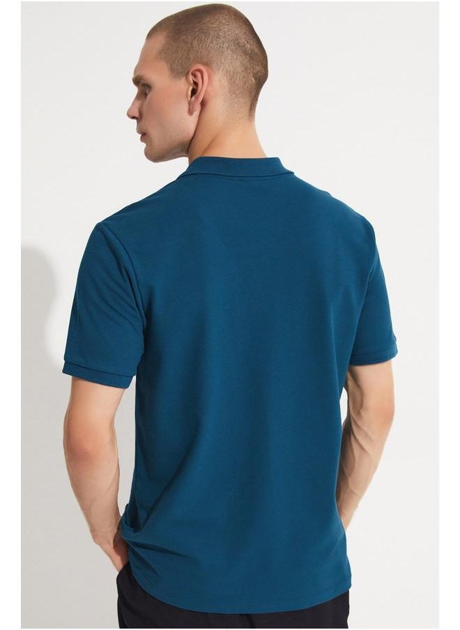 JUNE - June Men 100% Cotton Basic Relaxed Fit Polo Neck Tshirt Dark Teal - Image 1