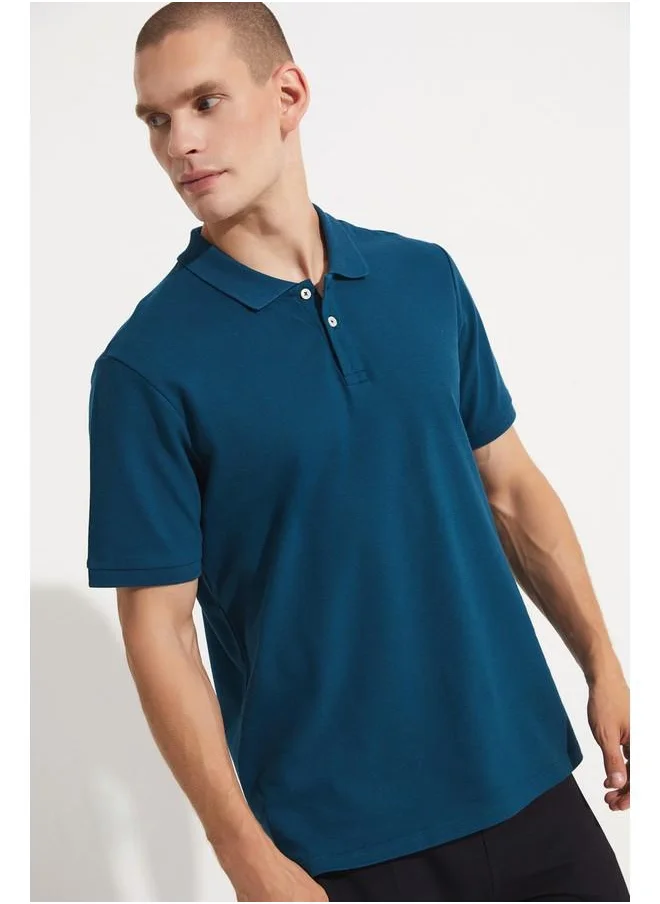 JUNE June Men 100% Cotton Basic Relaxed Fit Polo Neck Tshirt Dark Teal