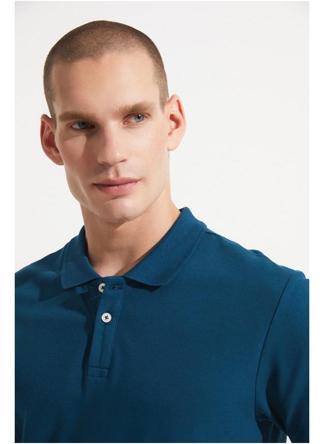 JUNE - June Men 100% Cotton Basic Relaxed Fit Polo Neck Tshirt Dark Teal - Image 1