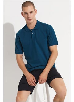 JUNE June Men 100% Cotton Basic Relaxed Fit Polo Neck Tshirt Dark Teal  - Image 3