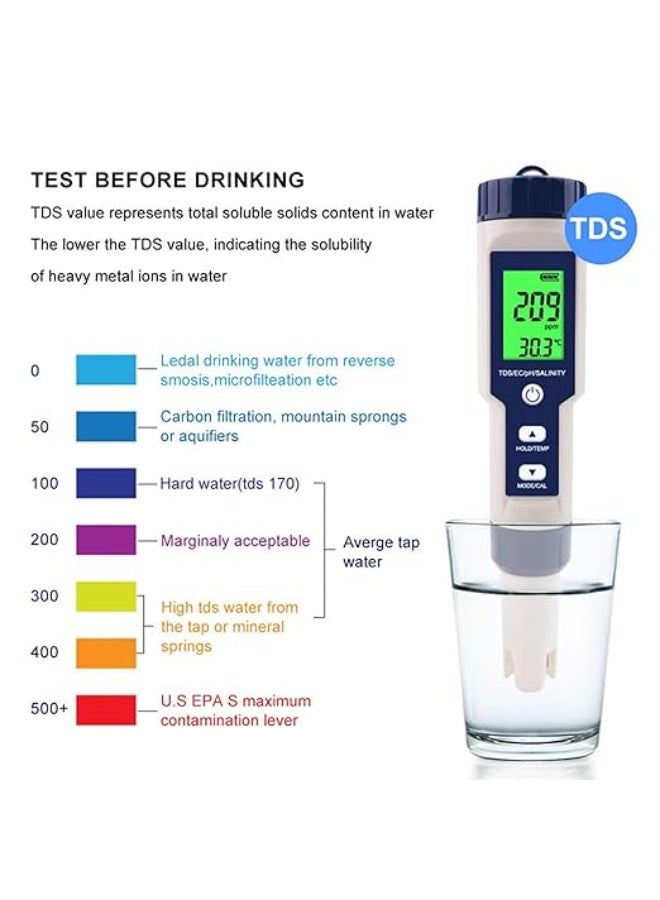 Generic GuangYing 5 in 1 PH Meter,PH/TDS/EC/Salinity/Temp Meter for Water, High Accuracy Water Testing Kits for Drinking Water, Pools, Fish Tank, and Hydroponics,with 3 PH Buffer Powders - Image 3